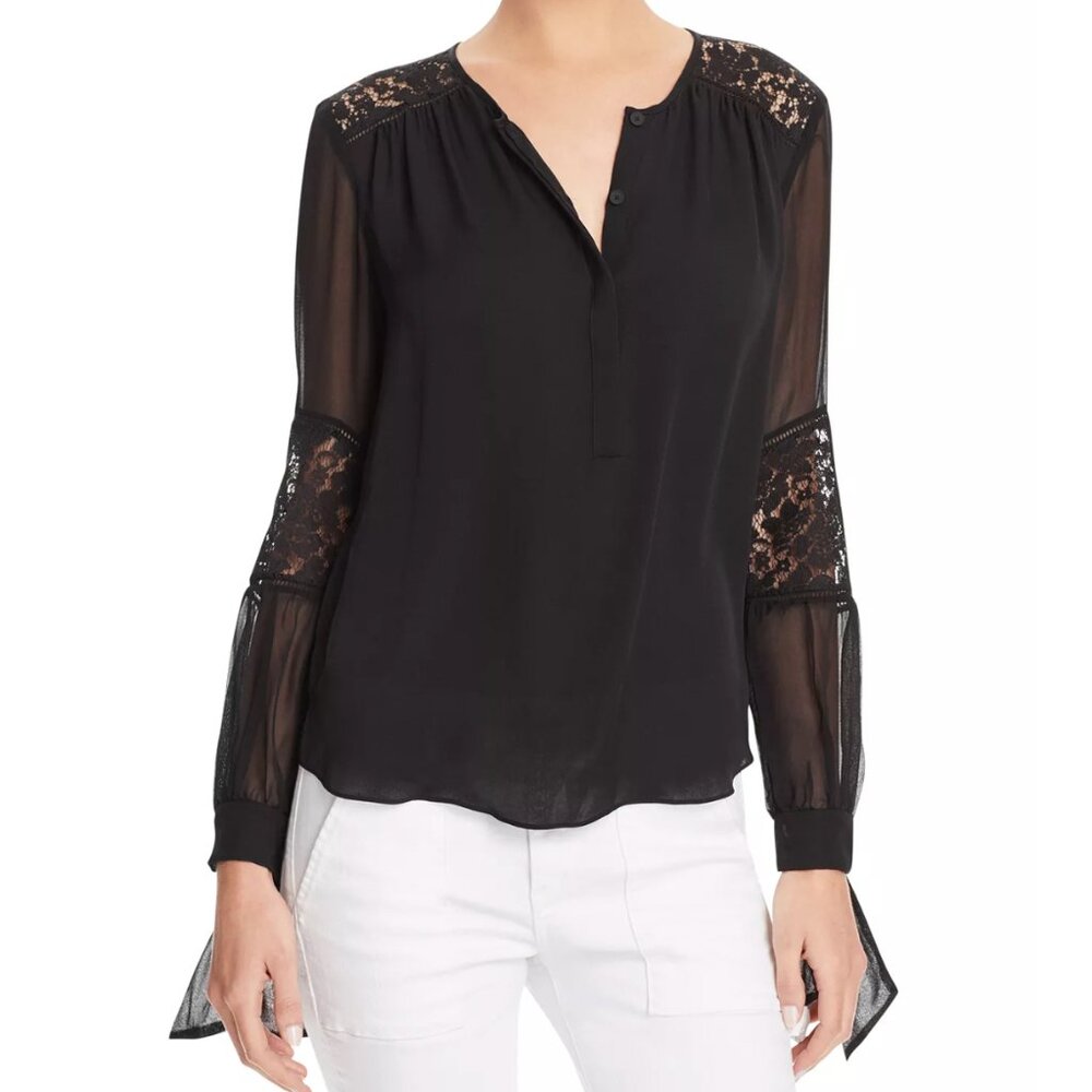 Rebecca Taylor Sarah Lace Paneled Silk Blouse in black, size 10